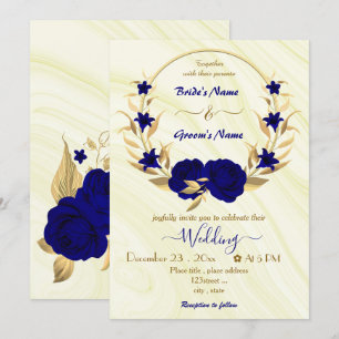 royal blue flowers gold wreath invitation