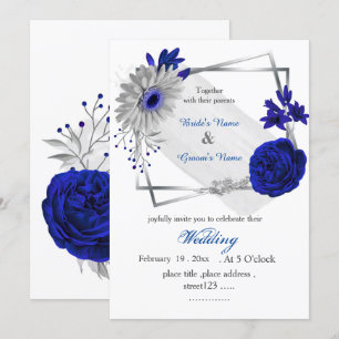 royal blue flowers silver geometric frame invitation
