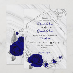 royal blue flowers silver geometric wedding invita invitation