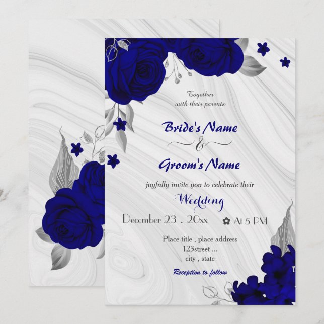 royal blue flowers silver grey wedding invitation (Front/Back)