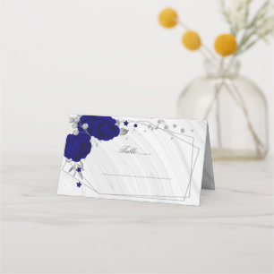 royal blue flowers silver leaves geometric place card