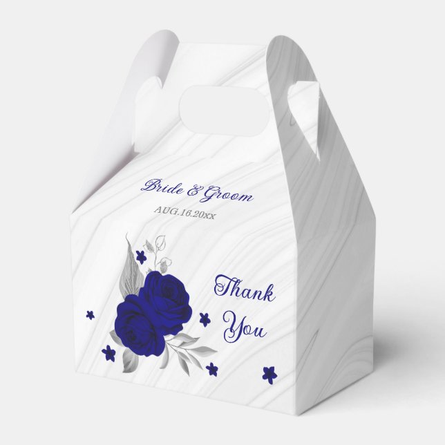 royal blue flowers silver leaves marble favor box (Front Side)