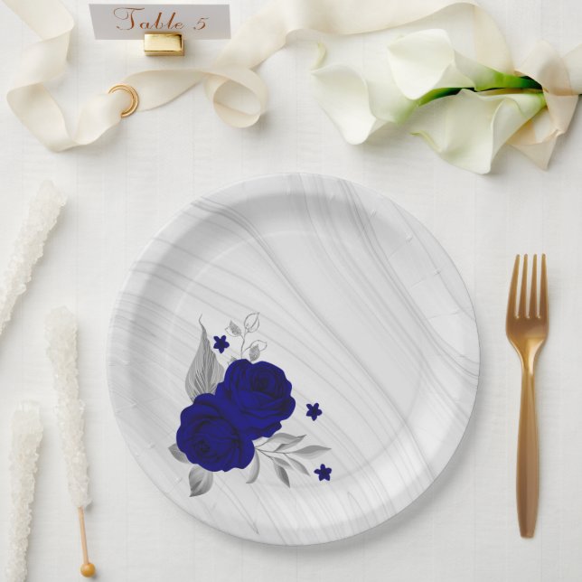 royal blue flowers silver leaves marble paper plate (Wedding)