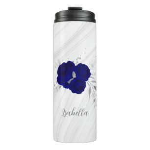 royal blue flowers silver leaves marble thermal tumbler