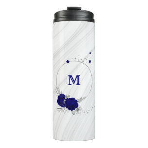royal blue flowers silver leaves marble thermal tumbler