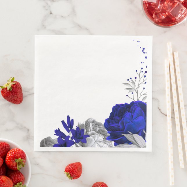 royal blue flowers & silver leaves wedding napkin (Insitu)