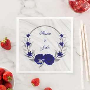 royal blue flowers silver leaves wreath marble napkin