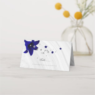 royal blue flowers silver place card
