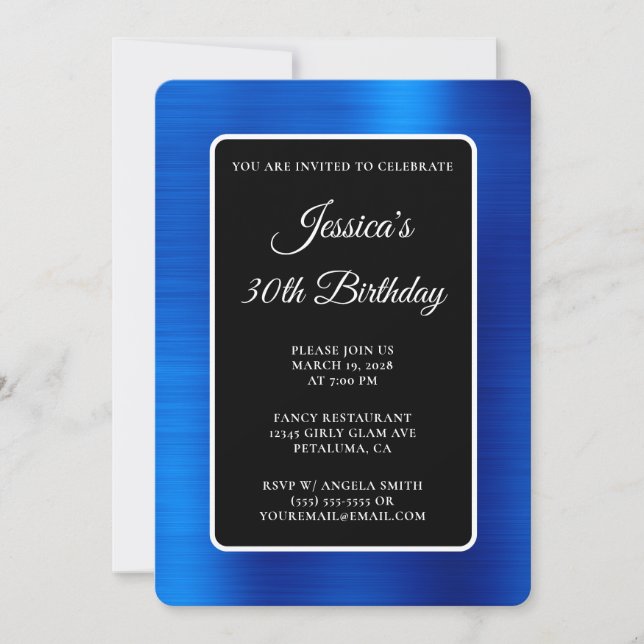 Royal Blue Foil Black and White 30th Birthday Invitation (Front)
