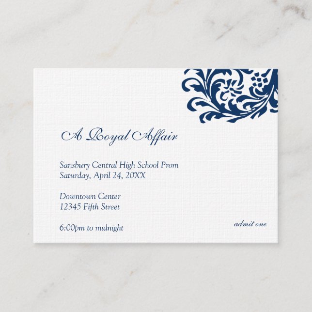 Royal blue formal prom bid custom admission ticket (Front)