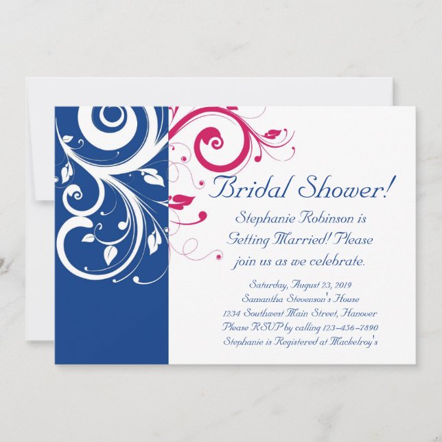 Royal Blue, Fuchsia and White Swirl Bridal Shower Invitation (Front)