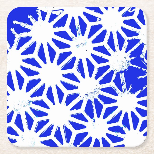 Royal blue geometric pattern square paper coaster (Front)