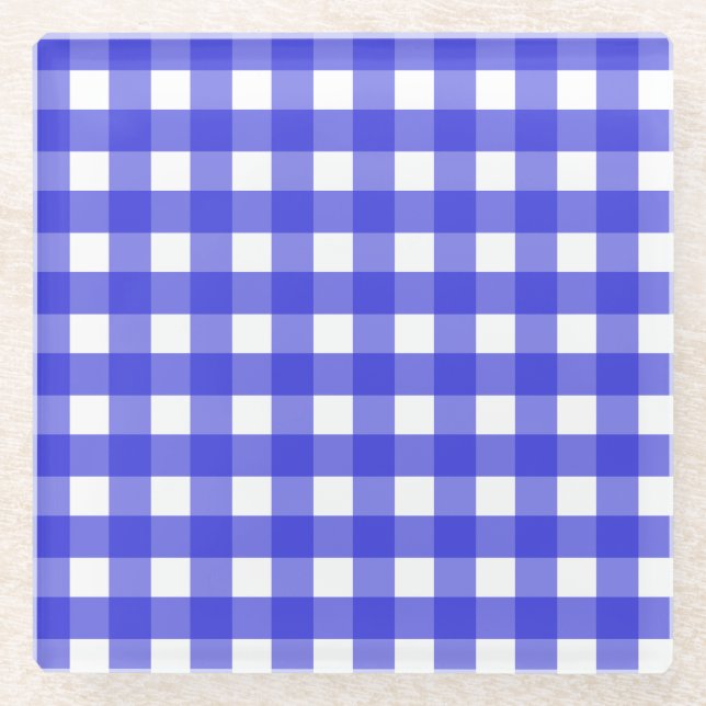 Royal blue gingham glass coaster (Front)