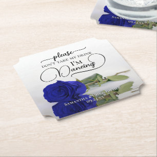 Royal Blue Glam Rose Don't Take My Drink Wedding Paper Coaster