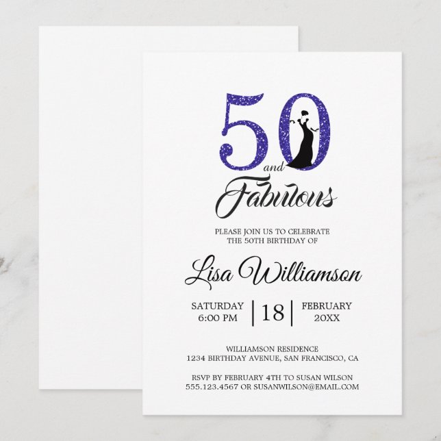 Royal Blue Glitter 50 Fabulous 50th Birthday Party Invitation (Front/Back)