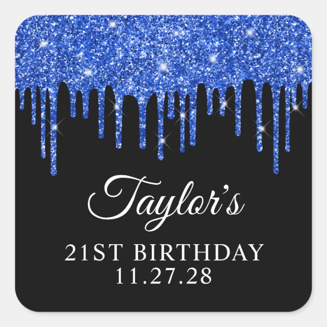 Royal Blue Glitter Drips on Black 21st Birthday Square Sticker (Front)