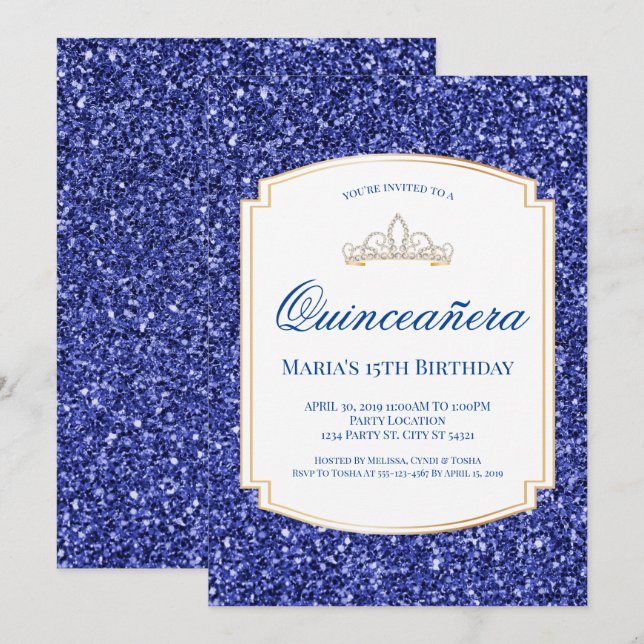 Royal Blue Glitter Quinceañera Invitations (Front/Back)