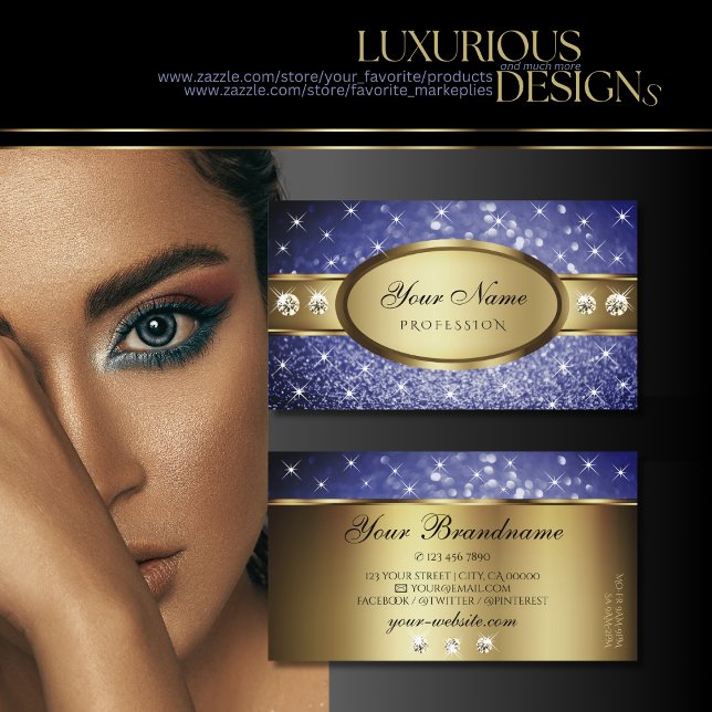 Royal Blue Glitter Stars Diamonds Shimmery Gold Business Card (Creator Uploaded)