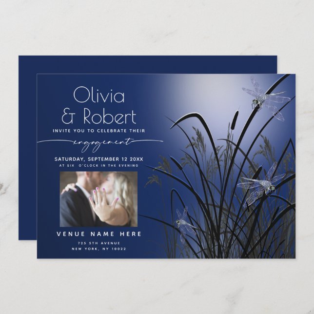 Royal Blue Glow Engagement Moonlight Dragonfly Invitation (Front/Back)