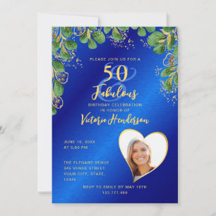 Royal Blue & Gold 50 & Fabulous Greenery Birthday Invitation