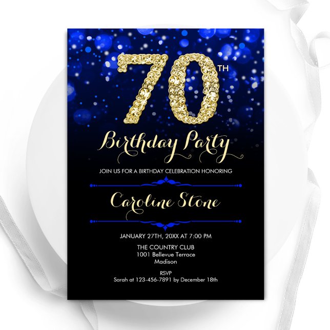 Royal Blue Gold 70th Birthday Invitation (Creator Uploaded)