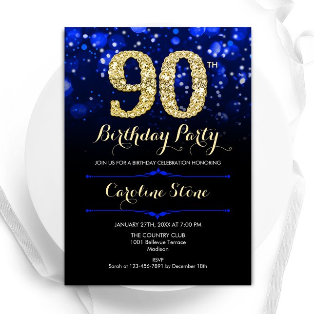Royal Blue Gold 90th Birthday Invitation (Creator Uploaded)