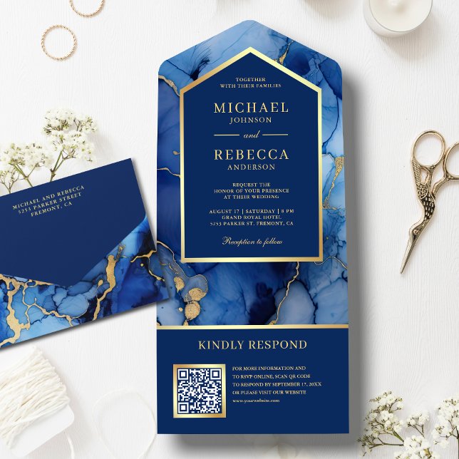 Royal Blue Gold Abstract Fluid Ink QR Code Wedding All In One Invitation (Creator Uploaded)