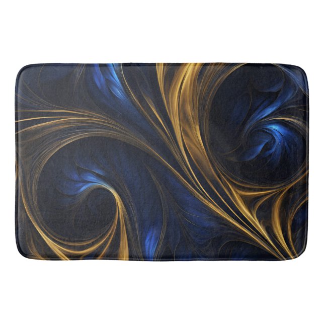 Royal Blue Gold Abstract Swirl Bath Mat (Front)