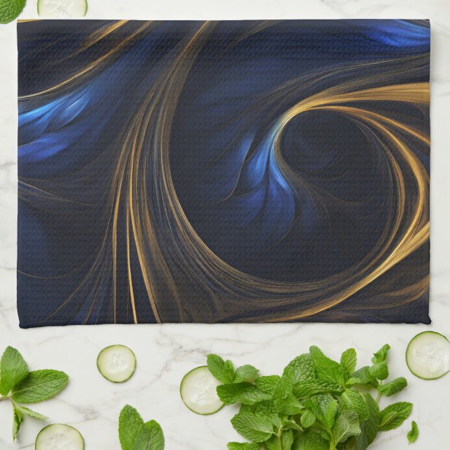 Royal Blue Gold Abstract Swirl Kitchen Towel (Folded)