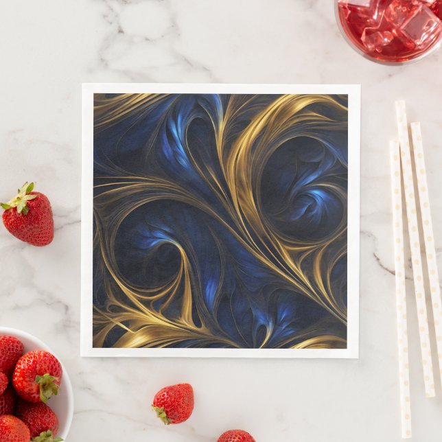 Royal Blue Gold Abstract Swirl Napkin (Insitu)