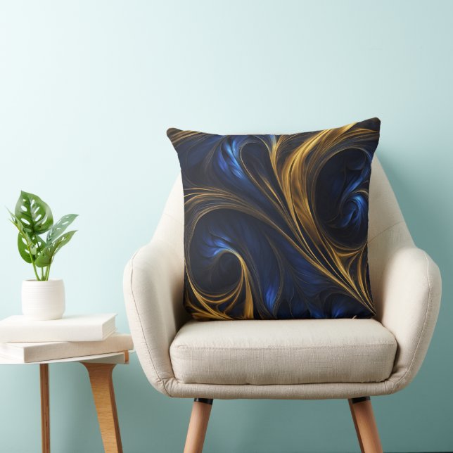 Royal Blue Gold Abstract Swirl Throw Pillow (Chair)