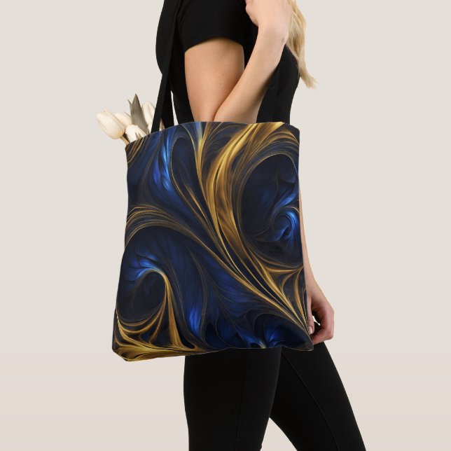 Royal Blue Gold Abstract Swirl Tote Bag (Close Up)