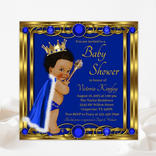 Royal Blue Gold Afro Prince Baby Shower Invitation (Creator Uploaded)