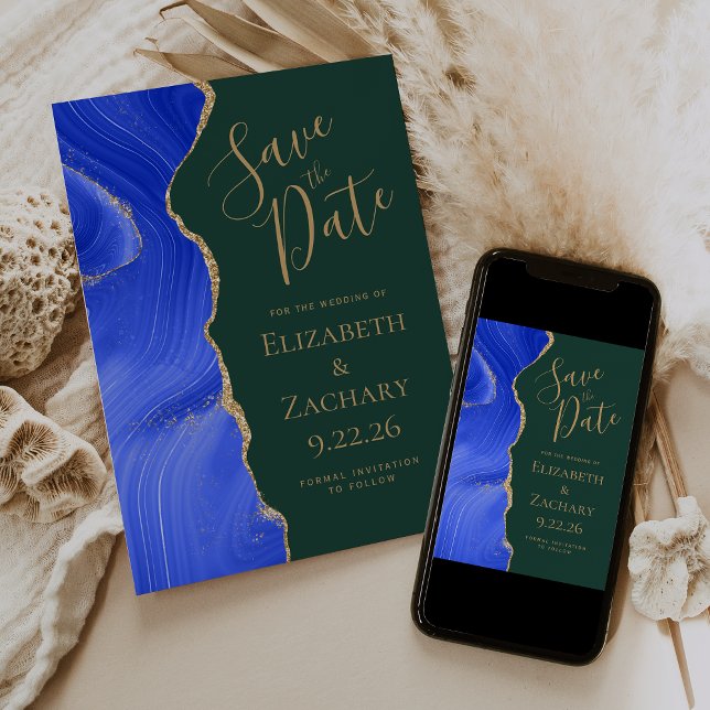Royal Blue Gold Agate Emerald Green Save the Date Invitation (Creator Uploaded)