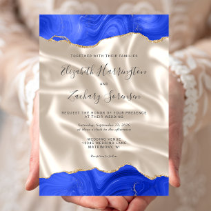 Royal Blue Gold Agate Ivory Silk Wedding Invitation