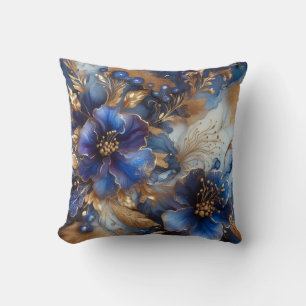 Royal Blue + Gold Alcohol Ink Floral Throw Pillow