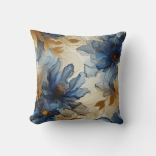 Royal Blue + Gold Alcohol Ink Floral Throw Pillow