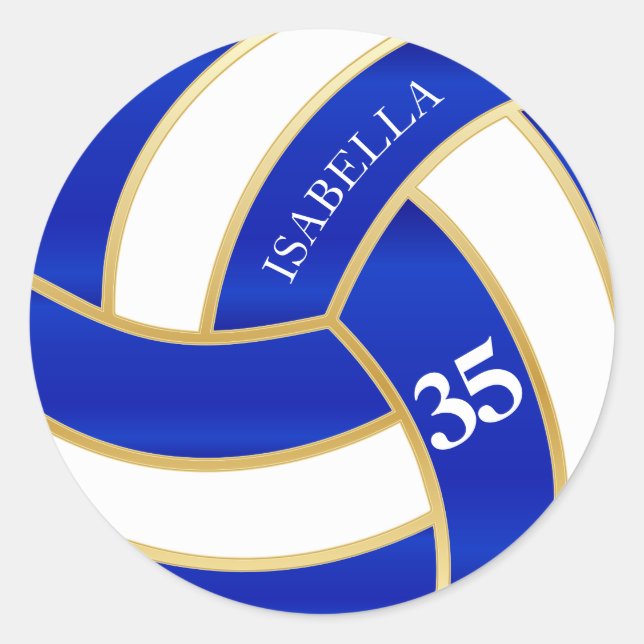 Royal Blue, Gold and White Volleyball- Personalize Classic Round Sticker (Front)
