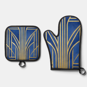 Royal Blue Gold Art Deco Oven Mitt & Pot Holder Set