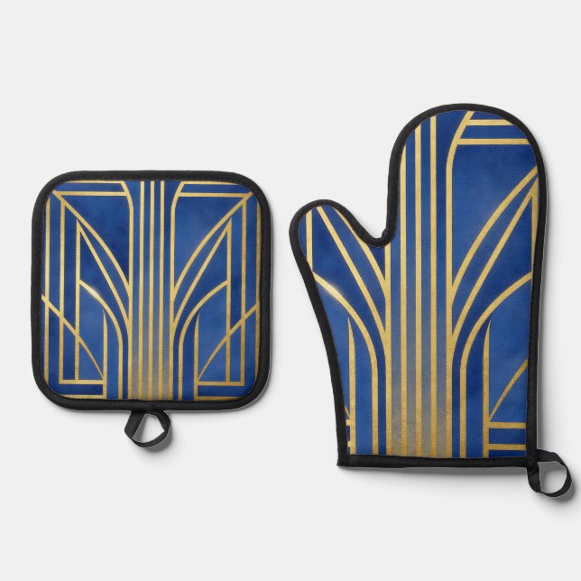 Royal Blue Gold Art Deco Oven Mitt & Pot Holder Set (Front)