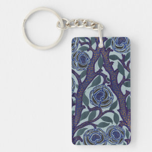 Royal Blue & Gold Art Deco Rose Floral Decor Keychain