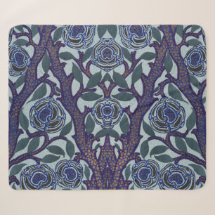 Royal Blue & Gold Art Deco Rose Floral Decor Sherpa Blanket