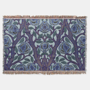 Royal Blue & Gold Art Deco Rose Floral Decor Throw Blanket
