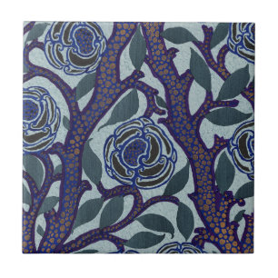 Royal Blue & Gold Art Deco Rose Floral Decor Tile