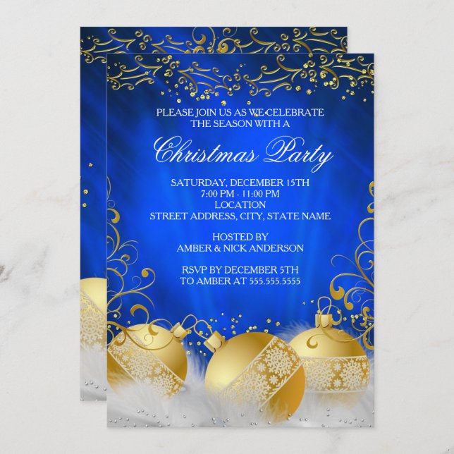 Royal Blue Gold Bauble White Christmas Party Invitation (Front/Back)