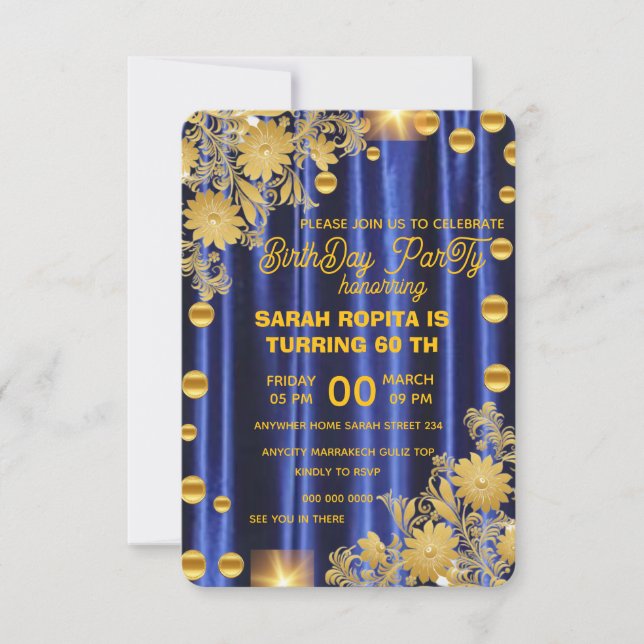 Royal Blue Gold Birthday Party Invitation, Womans  Invitation (Front)