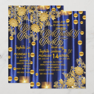 Royal Blue Gold Birthday Party Invitation, Womans Invitation