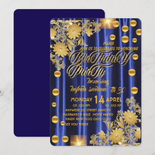 Royal Blue Gold Birthday Party Invitation, Womans Invitation