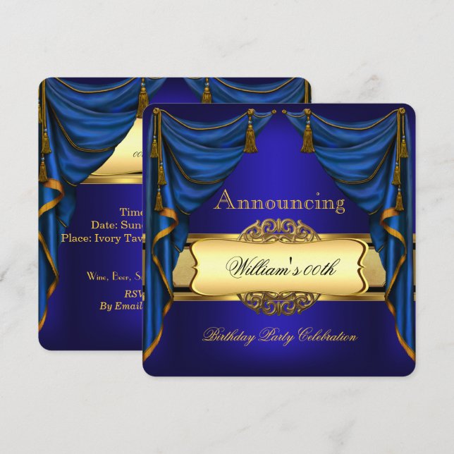 Royal Blue Gold Birthday Party Men's Women's 2 Invitation (Front/Back)