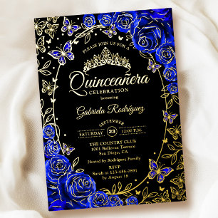 Royal Blue Gold Black Roses Quinceanera